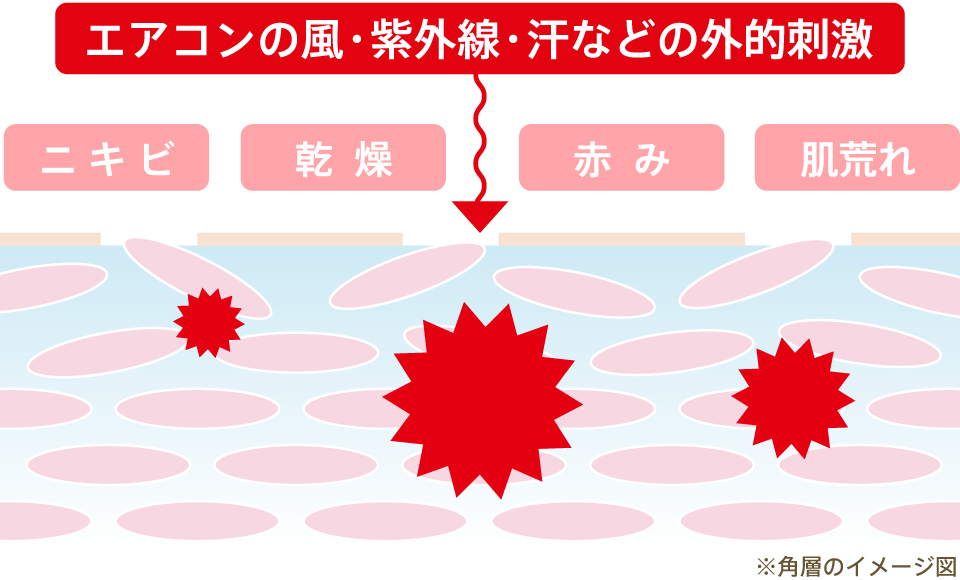 エアコンの風・紫外線・汗などの外的刺激が肌に与える影響